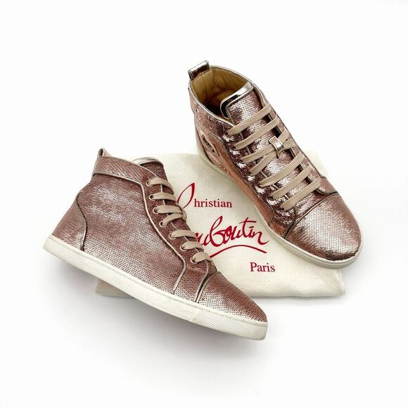 CHRISTIAN LOUBOUTIN Bip Bip Blush Pink Sequin High Top Sneakers Size 38 Lace Up - Picture 3 of 14